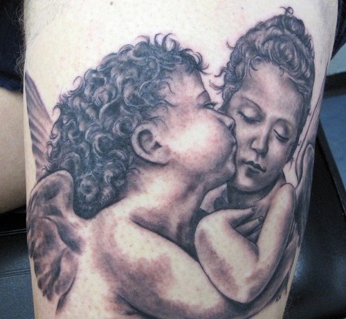 Grey Ink Baby Angel Kissing Tattoo